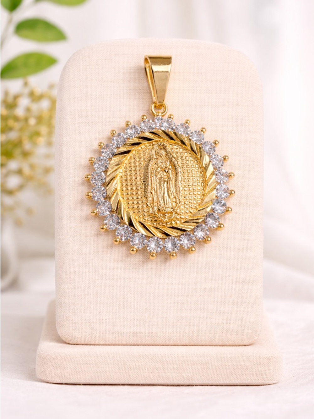 Virgin Mary Medallion Pendant with Clear Stones - Women Jewelry